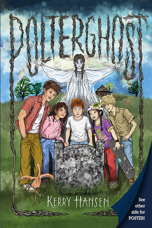 Book cover for 'Daterghost' by Kerry Hansen, featuring an illustrated group of five children standing around a tombstone in a grassy field, with a ghostly figure behind them and the title in large distressed letters at the top.